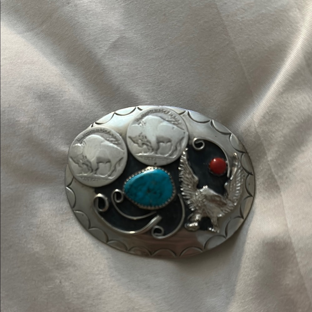 Silver Belt Buckle with Genuine Turquoise